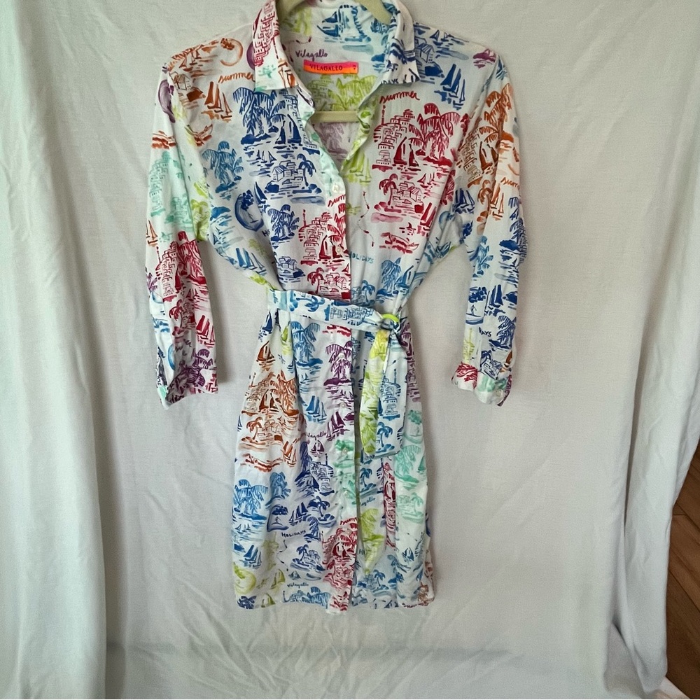 Vilagallo Shirt Dress Cotton Resort Colorful Vacation Tropical Size 42 10/12